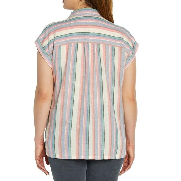 NEW Orvis Short Sleeve Rolled Cuffed Tacked Stripes Front Linen Blend Shirt 6 8 - Picture 3 of 4